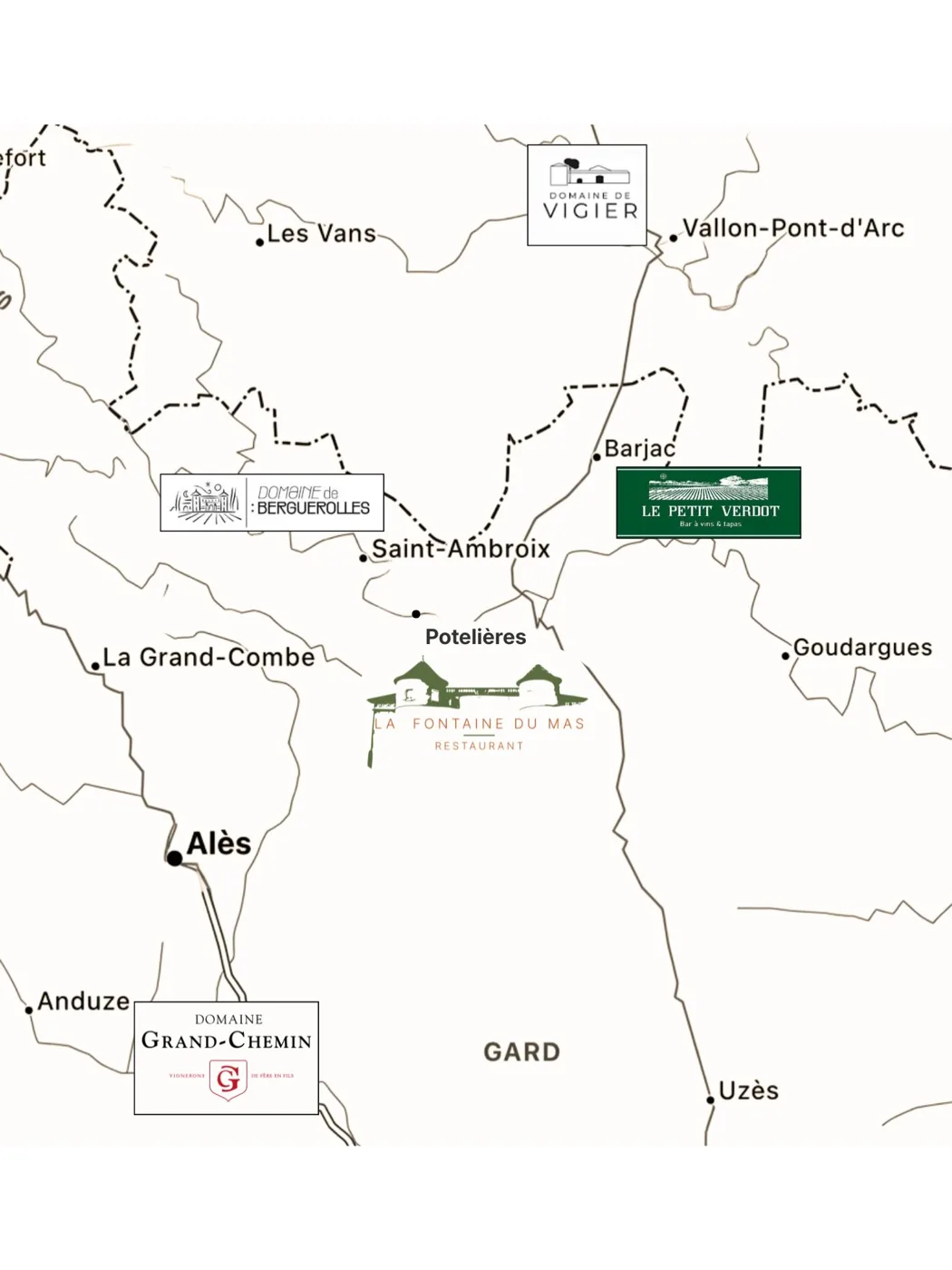 Carte des domaines partenaires autour de Potelières